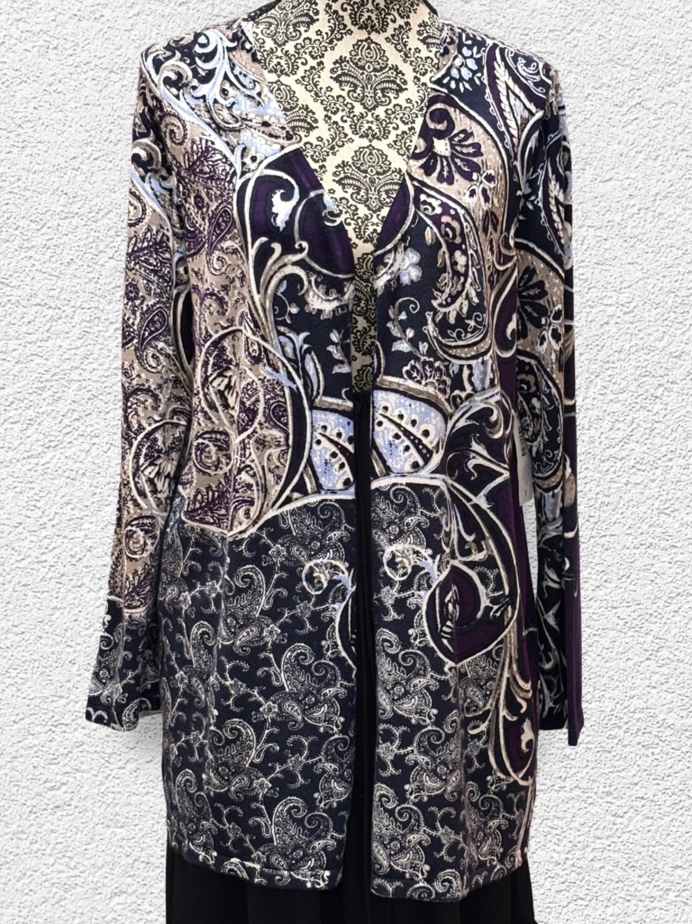 Chicos Royal Scroll Long Printed Cardi Cardigan Purple Luxe